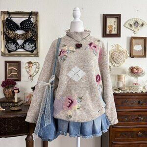 Vintage 90’s cottagecore quirky floral hand knit floral argyle print whimsical m